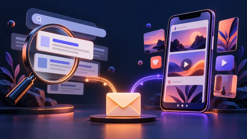 Search results and a visual social feed connected to an enquiry envelope