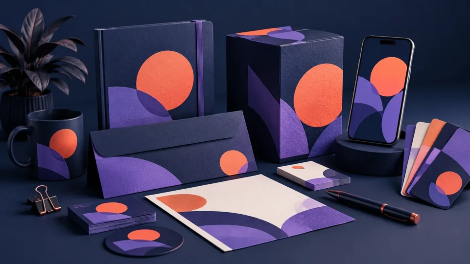 Coordinated stationery, packaging and mobile artwork illustrating brand consistency