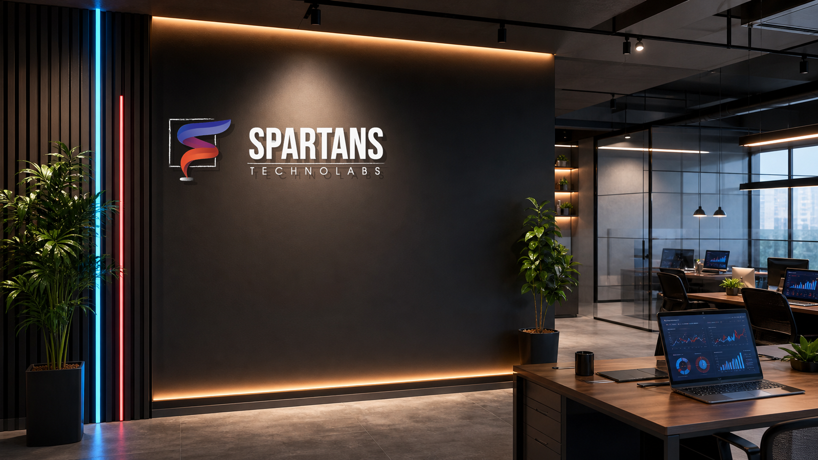 Realistic Spartans Technolabs office with highlighted brand wall